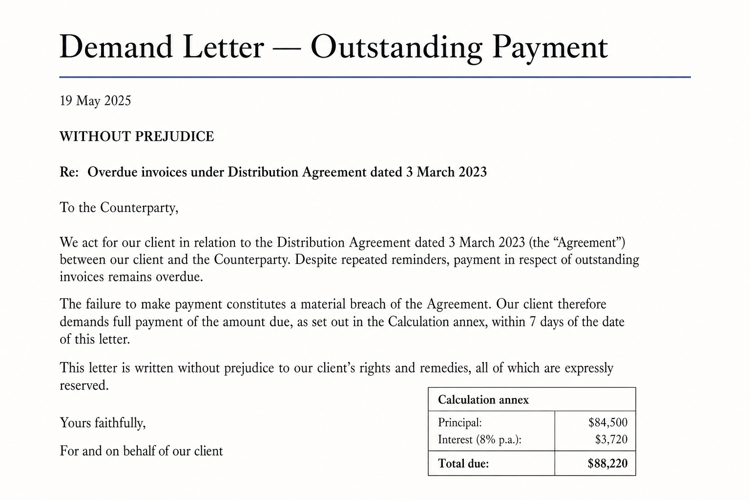 Demand letter for outstanding payment with a calculation annex totalling the amount due.